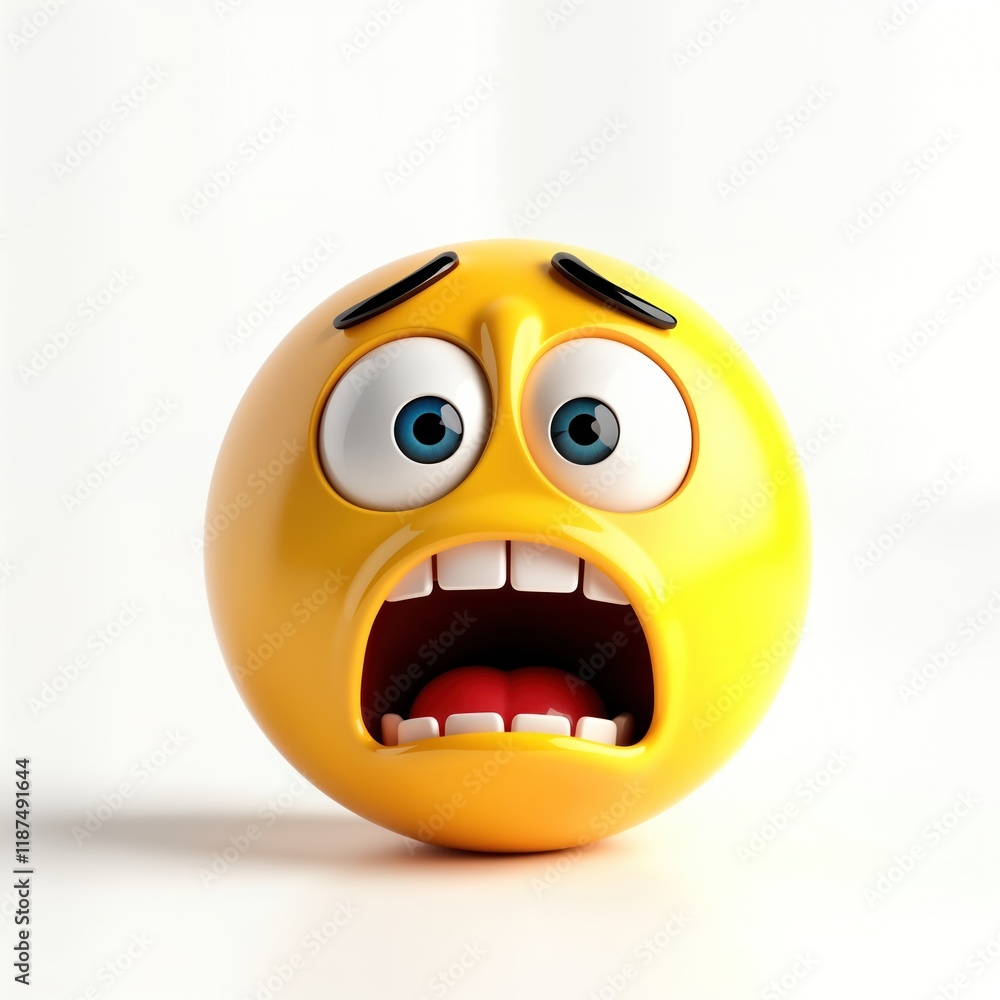 Fototapeta premium 3D yellow ball emoji shows fear. Emoji face expresses panic, fright. Circular emoticon isolated on white background. Cute cartoon character. Emotional expression in graphic design. Photo shows scared