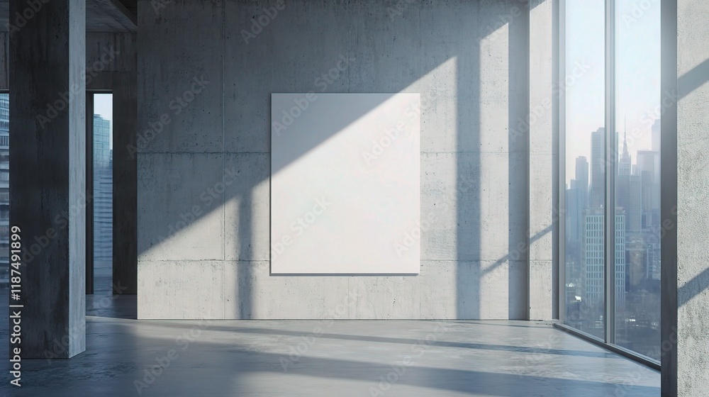 Fototapeta Modern Gallery Mockup: A sleek and minimalist gallery space with a large blank canvas on a concrete wall, bathed in warm natural light streaming through panoramic windows.