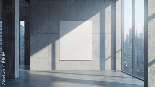 Modern Gallery Mockup: A sleek and minimalist gallery space with a large blank canvas on a concrete wall, bathed in warm natural light streaming through panoramic windows.