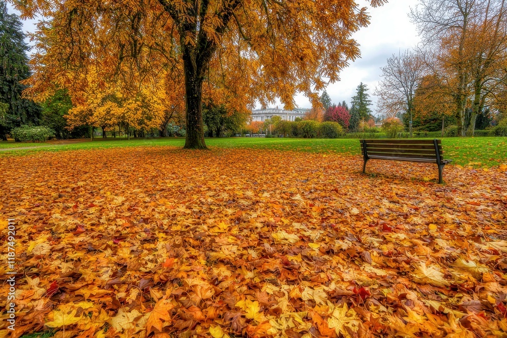Autumn Leaves in Park: A tranquil park scene with trees in vibrant fall colors, leaves scattered on the ground, and a lone bench Autumn Leaves in Park: A tranquil park scene with trees in vibrant fall colors, leaves scattered on the ground, and a lone bench