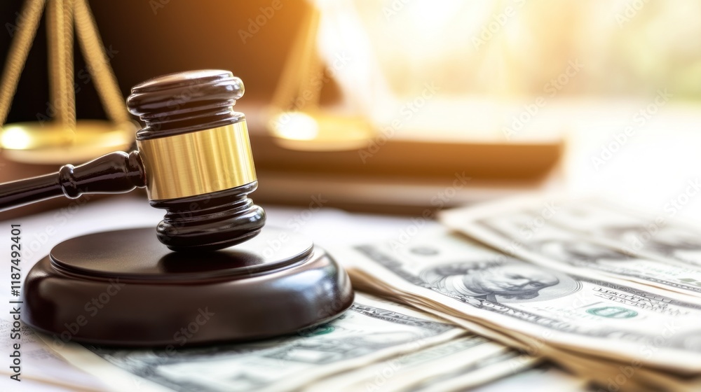 A balance scale showcases a gavel on one side and cash on the other, symbolizing justice and wealth A balance scale showcases a gavel on one side and cash on the other, symbolizing justice and wealth