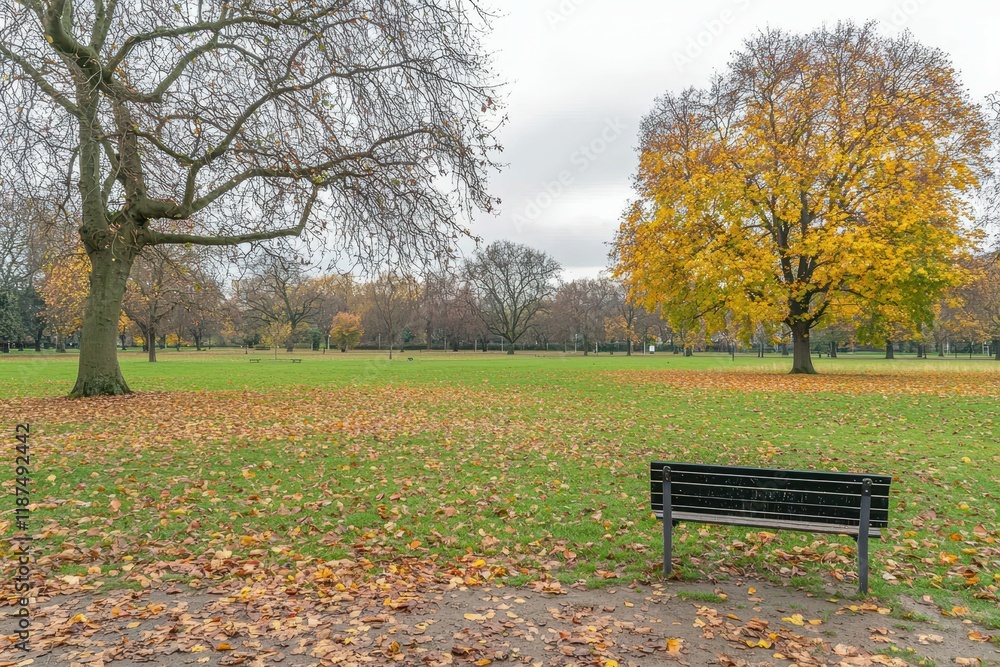 Autumn Leaves in Park: A tranquil park scene with trees in vibrant fall colors, leaves scattered on the ground, and a lone bench Autumn Leaves in Park: A tranquil park scene with trees in vibrant fall colors, leaves scattered on the ground, and a lone bench