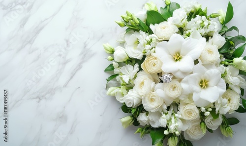 Diamond ring and white flower bouquet in a circular arrangement on a marble table, white flowers, bouquet