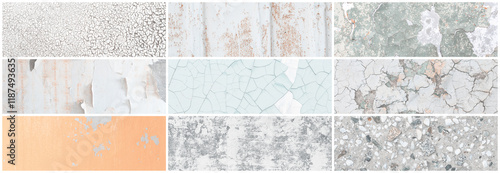 Set of panoramic background textures. Collection of wide textures with peeling paint, cracks, rust, stone and concrete walls. Faded rough surfaces of old walls. Bundle of light backgrounds for design.
