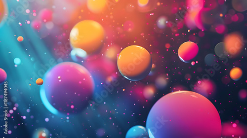 A vibrant abstract background with colorful spheres and bokeh lighting effects, creating a dreamy atmosphere for stock media use. Ideal for artistic projects and designs