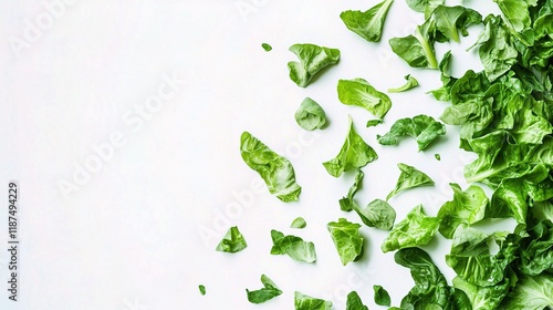 Fresh Greens: A vibrant and visually appealing overhead shot of scattered lettuce leaves on a white background. Perfect for food blogs, recipes, and healthy lifestyle content. 