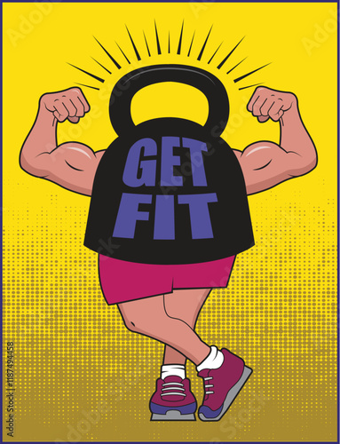 A cartoon kettle bell man, flexes his arms.