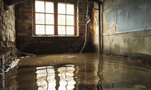 Flooded cellar with water seeping in through window and pipe, seep, overflow