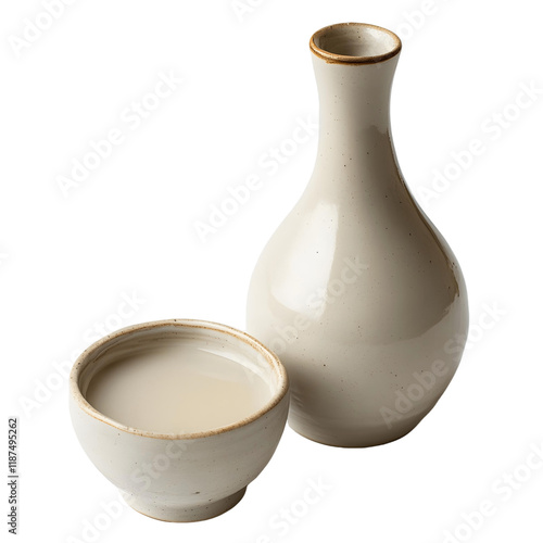 A bottle and cup of Korean rice wine makgeolli