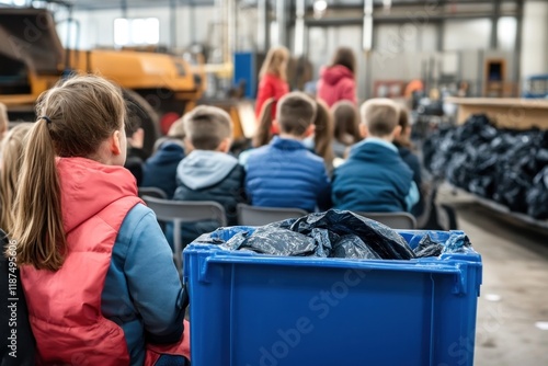 Young learners observe an informative session about recycling practices at a facility photo