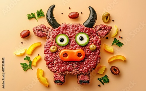 A beef patty shaped as a cow body, with bell pepper slices for horns and olives for eyes on a pastel orange background photo