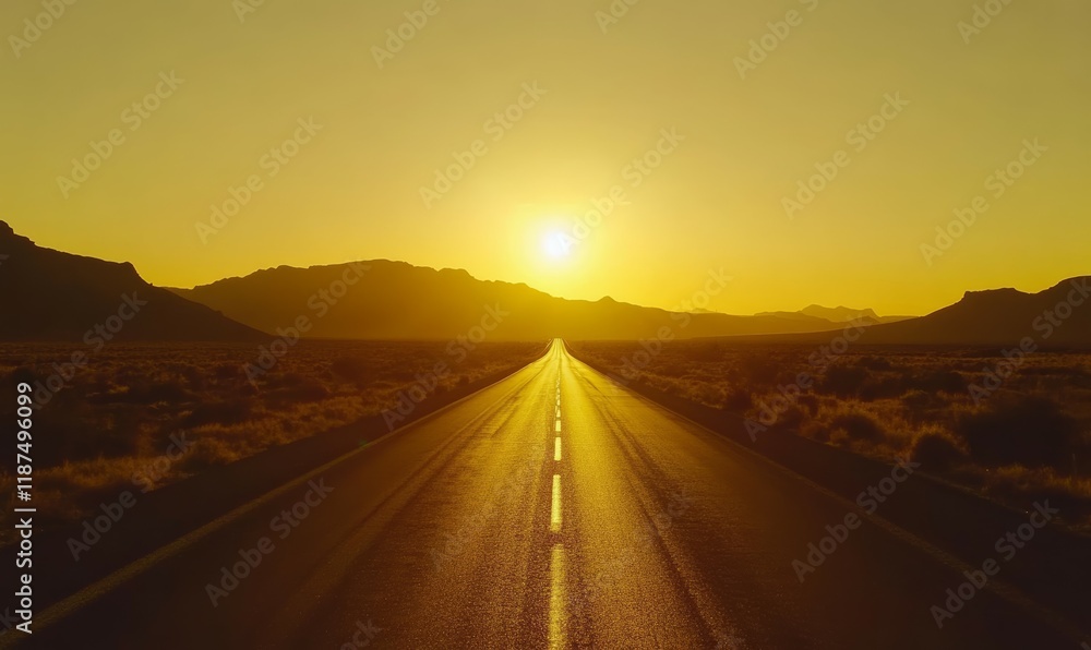 Fototapeta premium Golden Sunset Over Highway Road Ahead