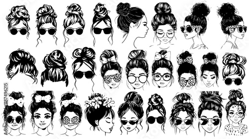 Messy bun hairstyle great set collection clip art silhouette, momlife black messy bun hair vector illustration on white background.