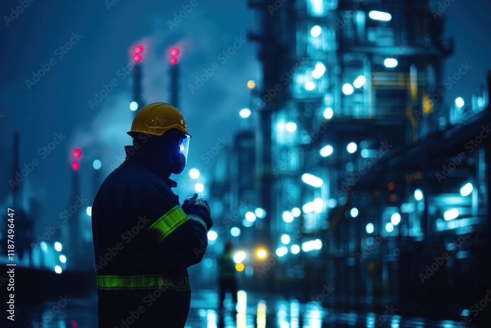 Emergency responders and workers participate in a safety drill at a gas facility under night lights Emergency responders and workers participate in a safety drill at a gas facility under night lights