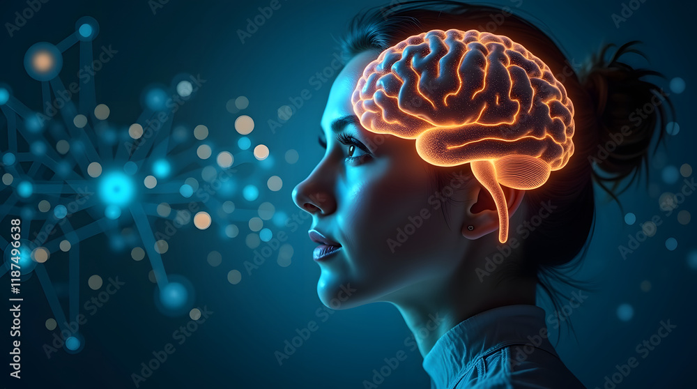 Obraz premium A holographic representation of a woman’s brain glowing with creative ideas, surrounded by business symbols