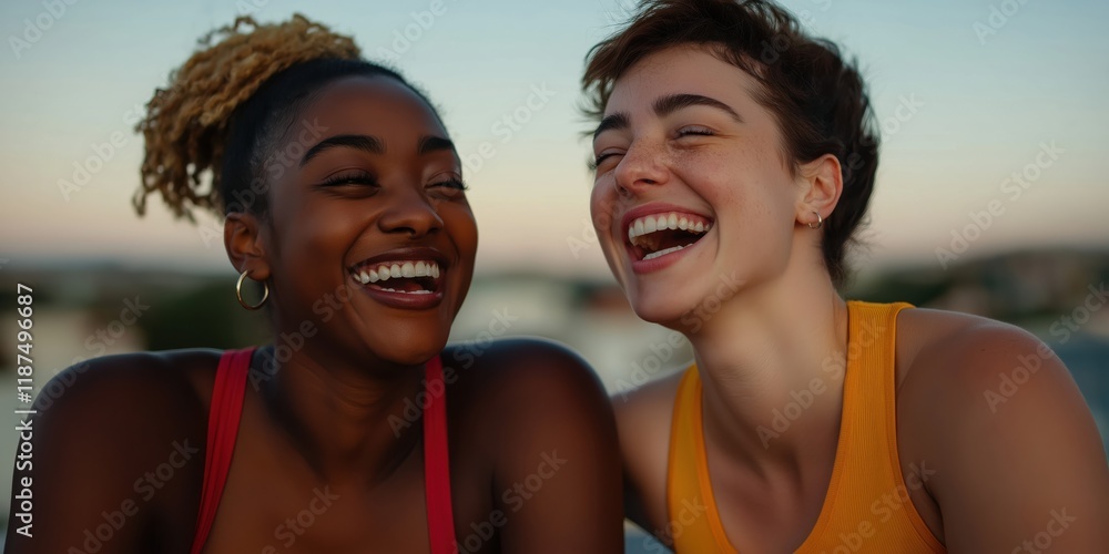Two friends share a joyful moment, laughing heartily by the water, capturing the essence of friendship and the happiness of shared experiences in a beautiful setting. Two friends share a joyful moment, laughing heartily by the water, capturing the essence of friendship and the happiness of shared experiences in a beautiful setting.