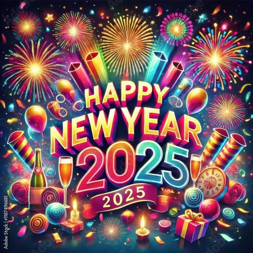 Celebrate 2025 with this stunning New Year's Eve greeting card design. Happy New Year 2025 photo