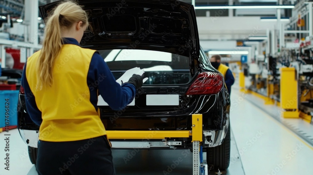 Engineers assess a completed vehicle at the end of the assembly line, ensuring quality standards Engineers assess a completed vehicle at the end of the assembly line, ensuring quality standards