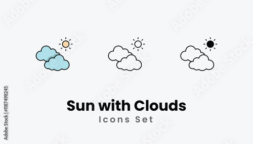 Sun with Clouds Icons thin line and glyph vector icon stock illustration