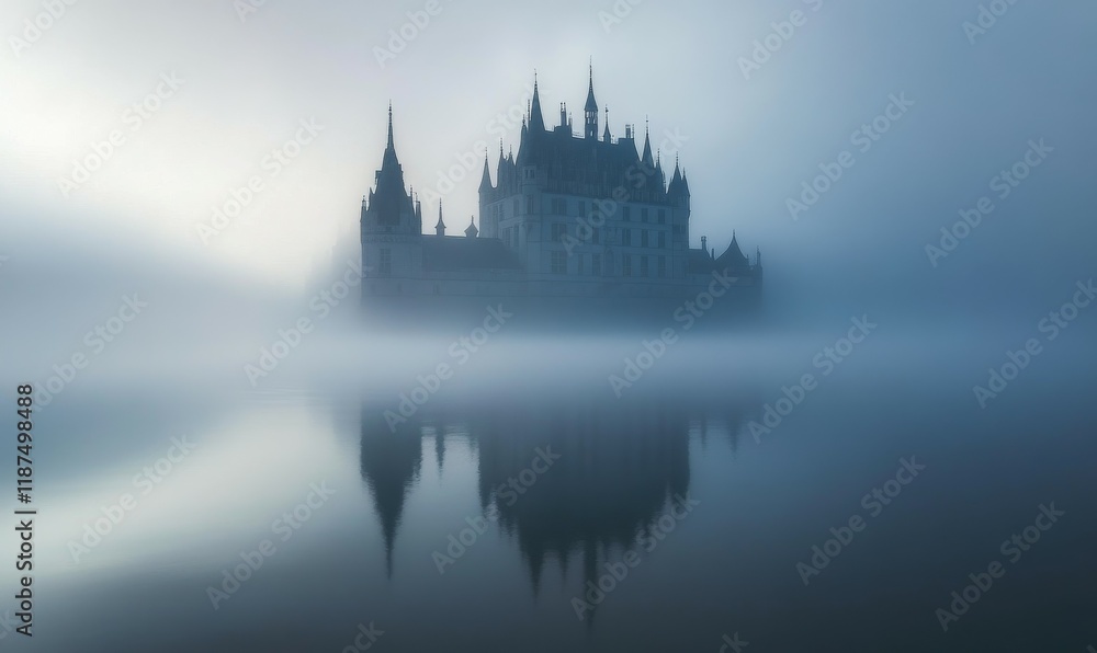 Obraz premium Majestic Castle Enveloped In Morning Mist A Fantasy Scene