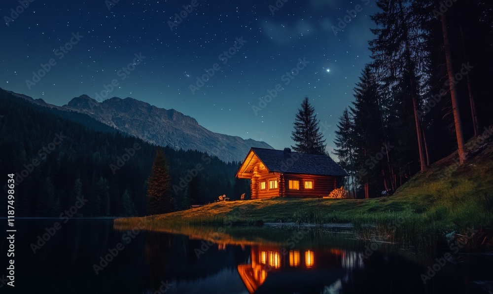 Fototapeta premium Illuminated Lakeside Cabin Mountain Night Sky