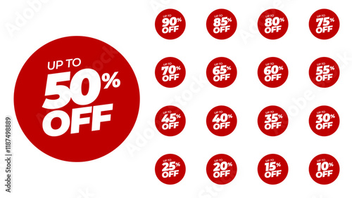 Special offer discount on red rounded tags with different value percent off 90, 85, 80, 75, 70, 65, 60, 55, 50, 45, 40, 35, 30, 25, 20, 15, 10 percentage price reduction label. Sale offer emblem set.