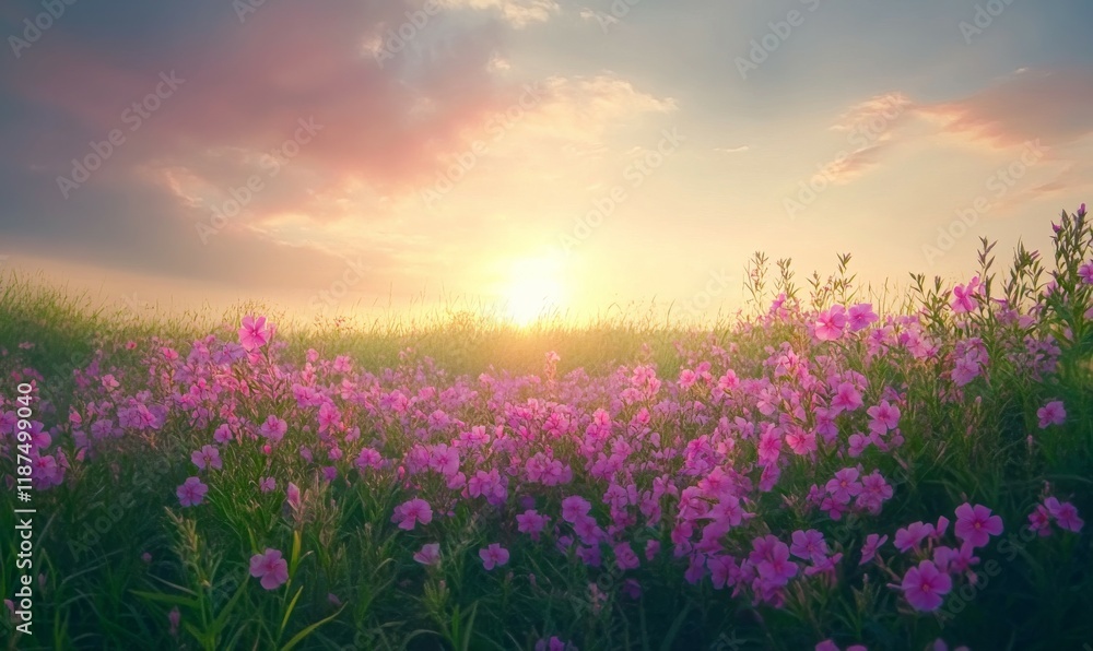 Obraz premium Mass blooming of pink phlox flowers in a field, garden flowers, nature, colors