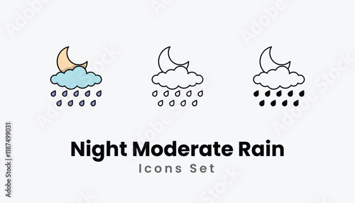 Night Moderate Rain Icons thin line and glyph vector icon stock illustration