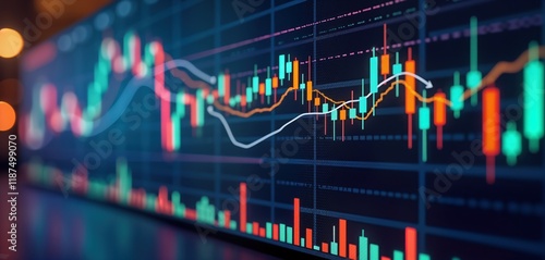 Digital display shows stock market data with vibrant graphs. Colorful charts, technical indicators illustrate market fluctuations. Dynamic tech visualization of financial trends. AI generated visuals
