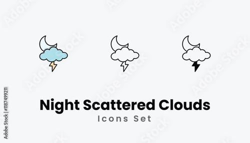 Night Scattered Clouds Icons thin line and glyph vector icon stock illustration