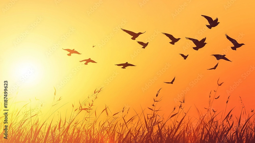 A flock of birds flies over a field of tall grass as the sun sets A flock of birds flies over a field of tall grass as the sun sets
