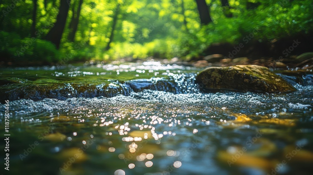 Fototapeta premium River flowing through forest, close-up of water glistening over rocks, vibrant green foliage on the riverbank