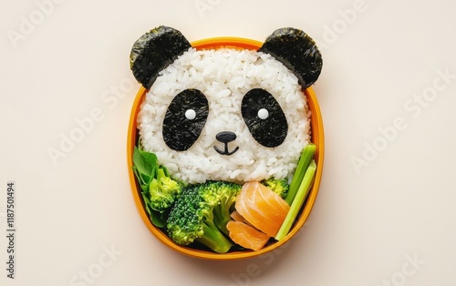 A bento box arranged as a panda, with rice for the face, seaweed for eyes, and broccoli for ears on a pastel cream surface photo