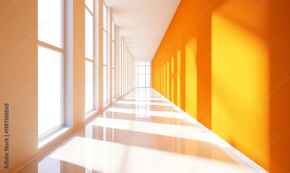 Fototapeta premium Modern minimalist hallway with orange wall and bright sunlight
