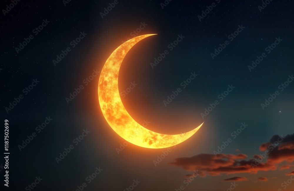 Ramadan crescent moon glows brightly against dark night sky. Stars twinkle around celestial body. Night sky shows orange clouds at horizon. Image evokes spiritual feeling of Ramadan Kareem. Ramadan Ramadan crescent moon glows brightly against dark night sky. Stars twinkle around celestial body. Night sky shows orange clouds at horizon. Image evokes spiritual feeling of Ramadan Kareem. Ramadan