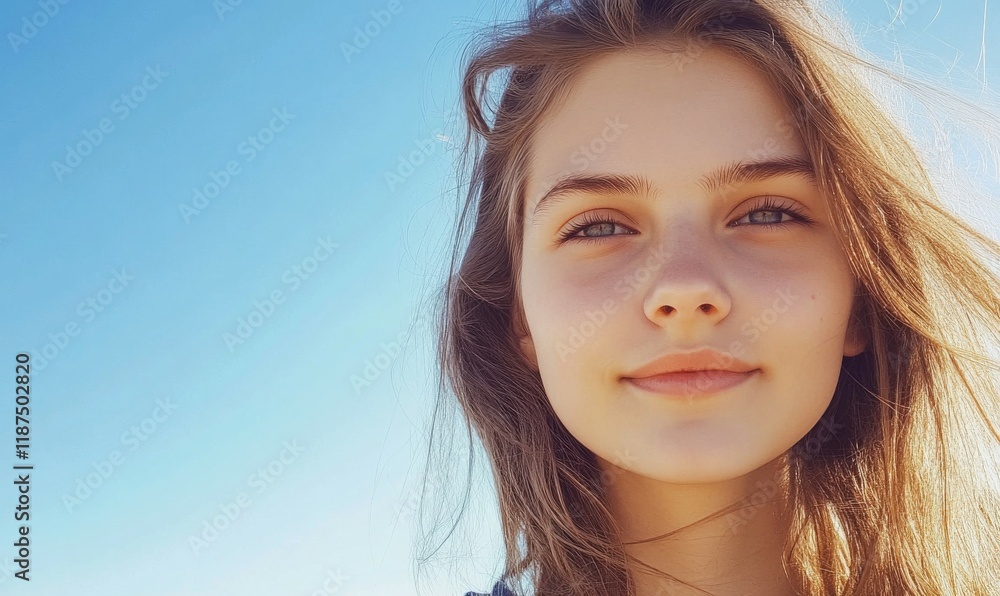 beautiful girl looking at the camera against the blue sky beautiful girl looking at the camera against the blue sky