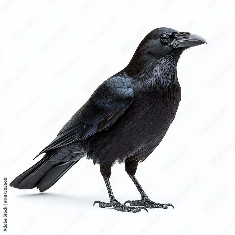 Fototapeta premium Raven profile, isolated on white Dark plumage, sharp beak, powerful stance.