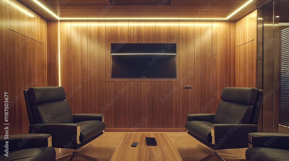 Wooden waiting room with plush armchairs, a mounted TV for guest entertainment, and a mobile phone on the table. Wooden waiting room with plush armchairs, a mounted TV for guest entertainment, and a mobile phone on the table.