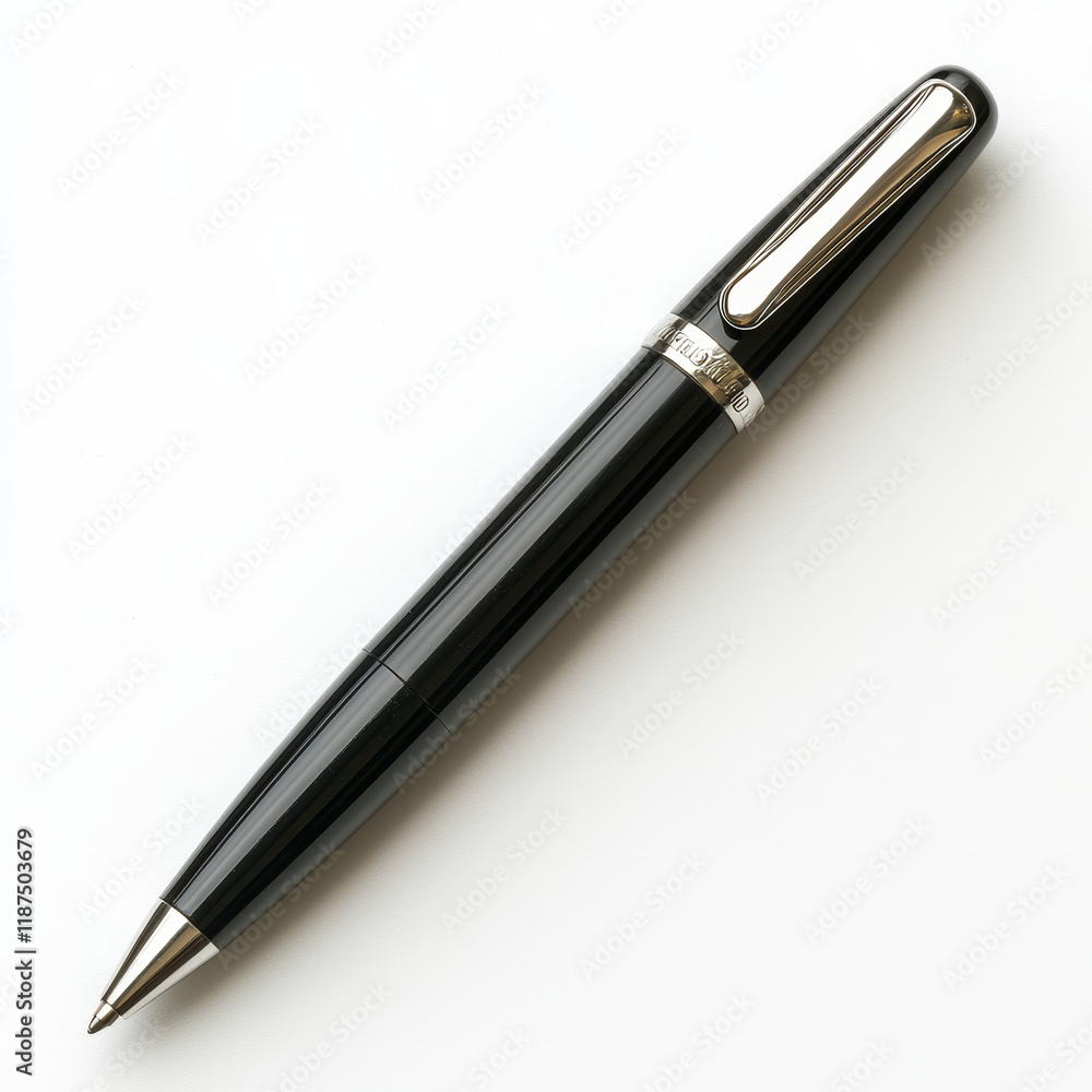 Sleek black pen, silver accents, elegant design, poised on white. Sleek black pen, silver accents, elegant design, poised on white.