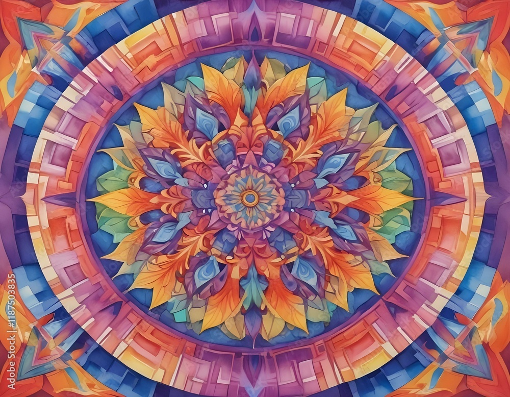 Obraz premium Illusion Liquified designs in op art psychedelic style, squares arranged in a mandala formation, using a rainbow color palette that radiates from the center, enhancing the hypnotic appeal of the image