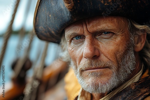 A weathered sea captain stares intently ahead photo