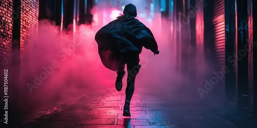 Action shot of a model running through a foggy urban alley wearing a weatherproof techwear cloak with heat-regulating fibers paired with tactical boots  photo