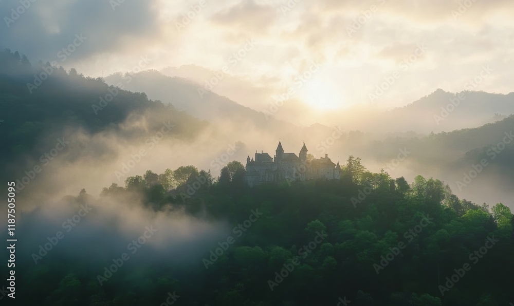 Majestic Castle Enveloped In Morning Mist A Fantasy Scene Majestic Castle Enveloped In Morning Mist A Fantasy Scene