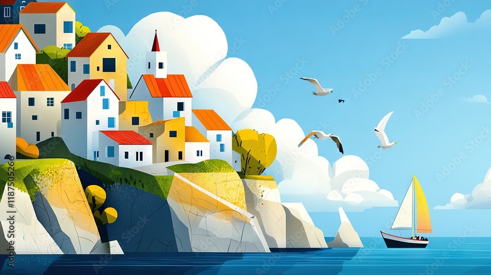 Fototapeta premium A village on a cliff, painting, sailboat, water, seagulls flying