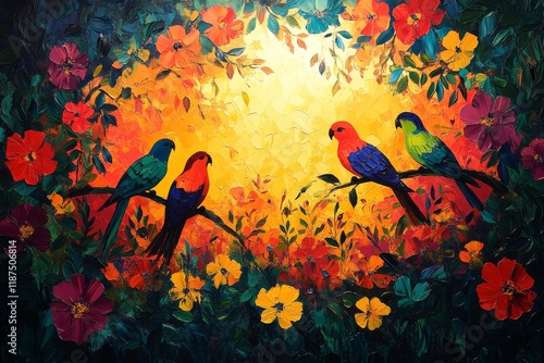 A vibrant quartet of parrots perched amidst a colorful floral paradise bathed in golden light in an impasto style painting photo