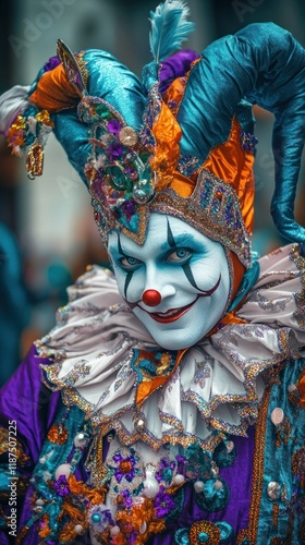 A flamboyant and eccentric carnival clown dressed in a vibrant exaggerated costume and wearing an ornate fantastical mask with feathers and other elaborate The clown s makeup is intricately designed photo