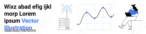 Business text, office building with wind turbine, line graph with data points, woman working on laptop. Ideal for business, technology, remote work, sustainability, data analysis, office setup