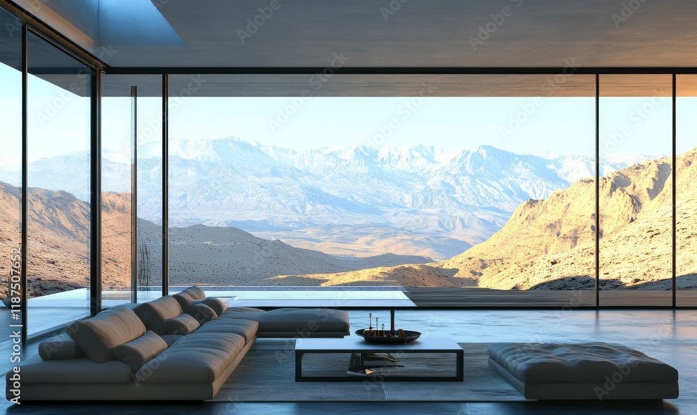 Fototapeta premium Modern Desert Home Living Room With Mountain View
