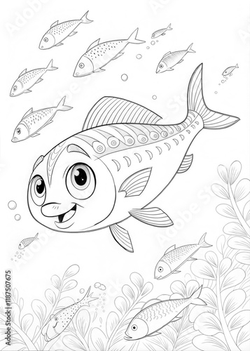 A cute jackfish following a school of fish, drawn as an outline sketch, only black lines, no colors, simple and clean for a children's coloring book. photo