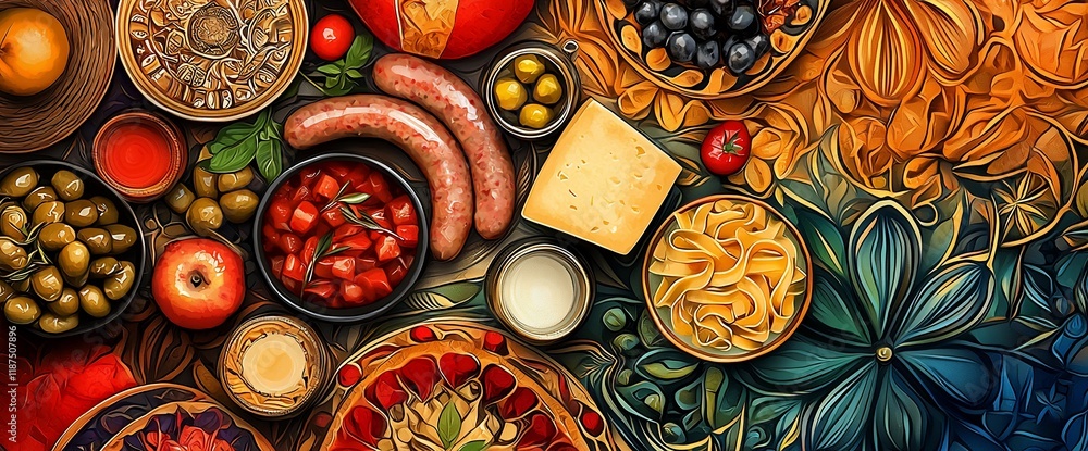 Fototapeta premium A vibrant overhead shot of assorted Italian foods, including pasta, sausages, cheese, olives, and tomatoes, artistically arranged on a rustic background.